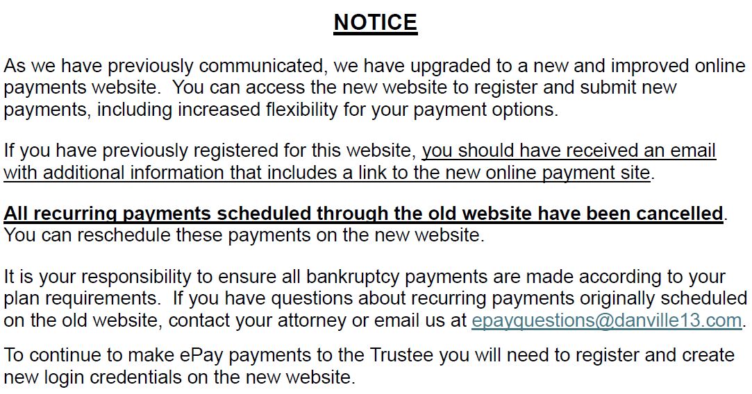 Epay Notice for questions please contact epayquestions@danville13.com